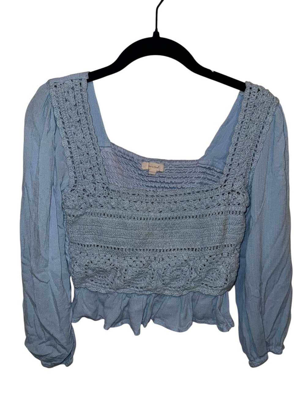 Sim & Sam Light Blue Crochet Puff Sleeve Cropped Blouse Medium - Picture 2 of 5